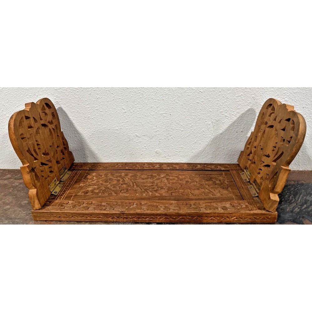 Vtg Hand Carved Wooden Expandable Book Stand Folding Sliding Book Holder Rack